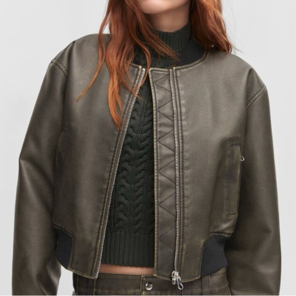 Mango Distressed Faux leather brown Bomber Jacket